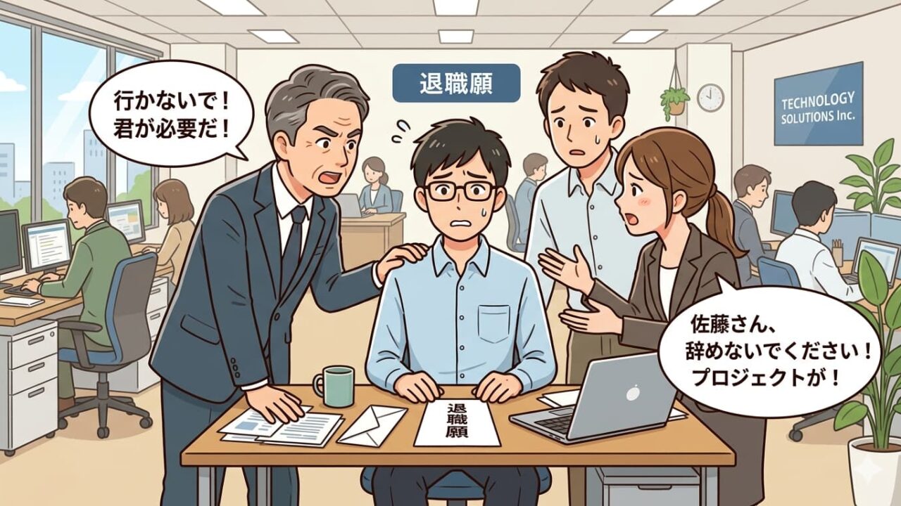 SES退職を引き止められるエンジニアのイメージ