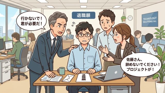 SES退職を引き止められるエンジニアのイメージ