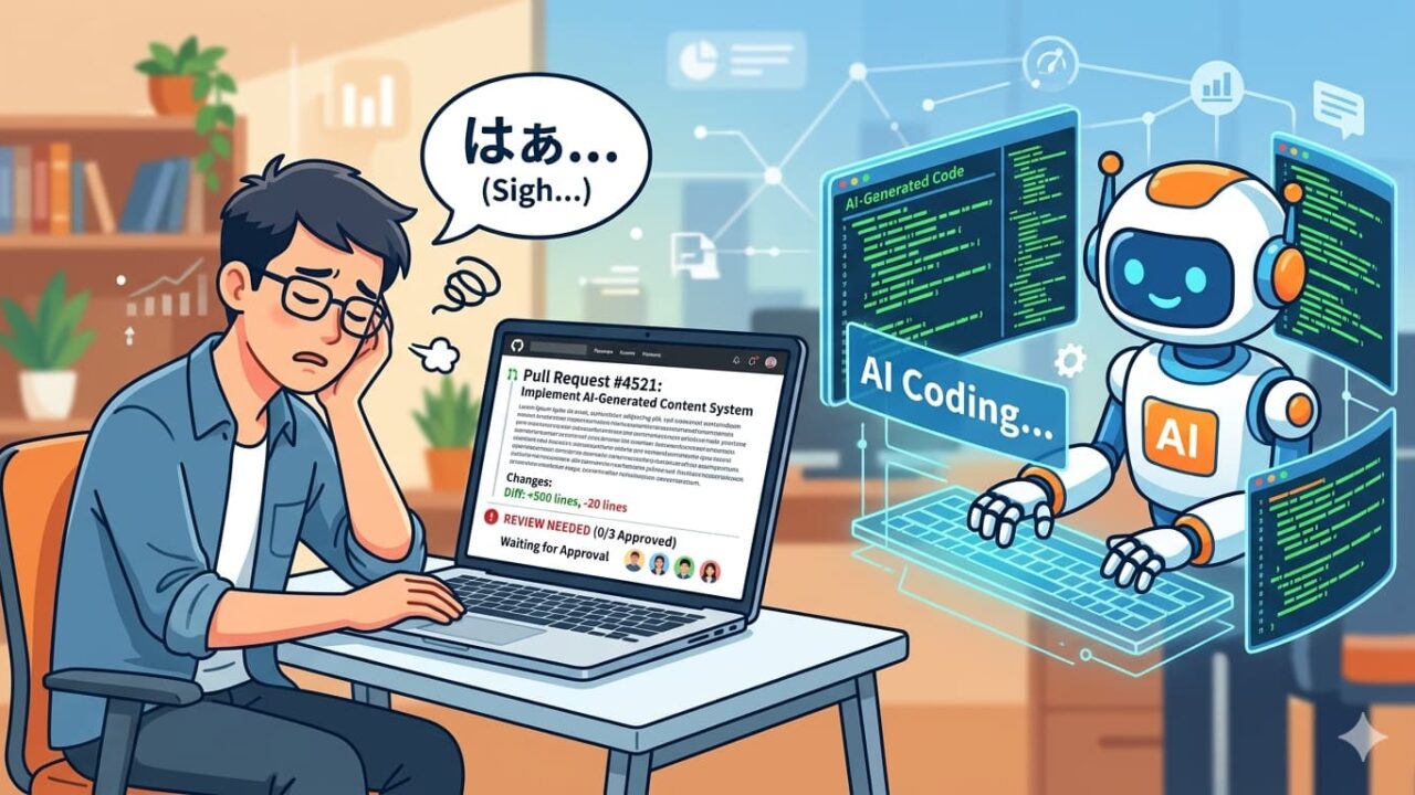 プルリクエストをAIに丸投げするエンジニアのイメージ